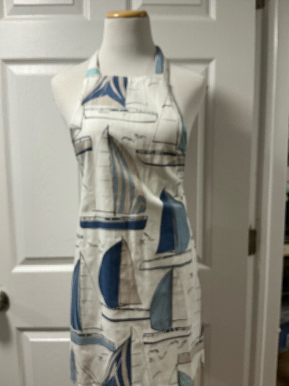 2022 - Nautical Sailboat Print Halter Apron in White and Blue - Picture 2 of 3